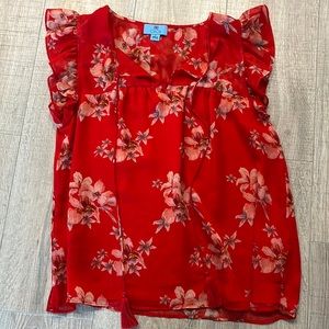 CeCe floral lined ruffle sleeve blouse red size S